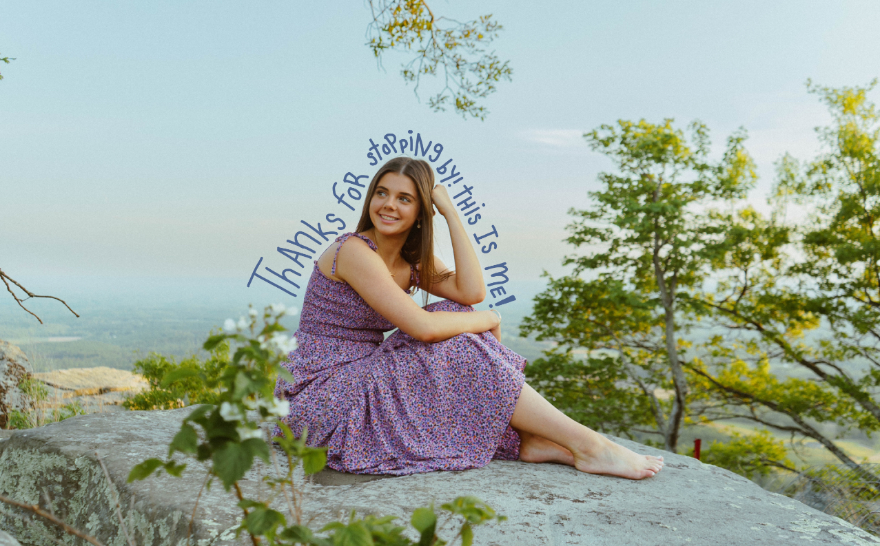 Me sitting on a rock with the caption, 'Thanks for stopping by! this is Me!'